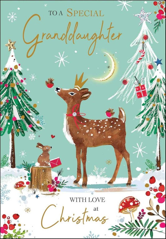 Special Granddaughter Christmas Card – Woodland Reindeer & Robin Festive Design Christmas – Granddaughter Jonny Javelin Made To Be Treasured