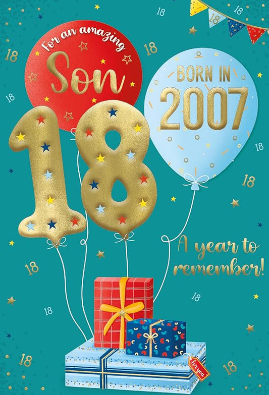 This ICG 2025 Son 18th Birthday Card - Happy Birthday Year You Were Born Card with Born in 2007 Balloons and Stars Design and Special Finishes - Birthday Cards for Men is a Birthday Card priced at £ 3.39 from Made To Be Treasured range. Produced by ICG for excellent quality