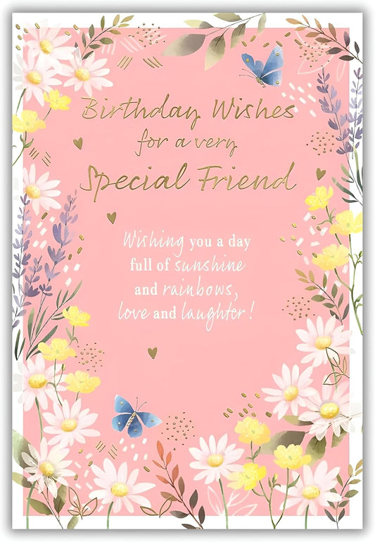 This Special Friend Birthday Card - Pink Floral Design with Daisies and Butterflies is a Greeting & Note Cards priced at £ 3.99 from Made To Be Treasured range. Produced by ICG for excellent quality