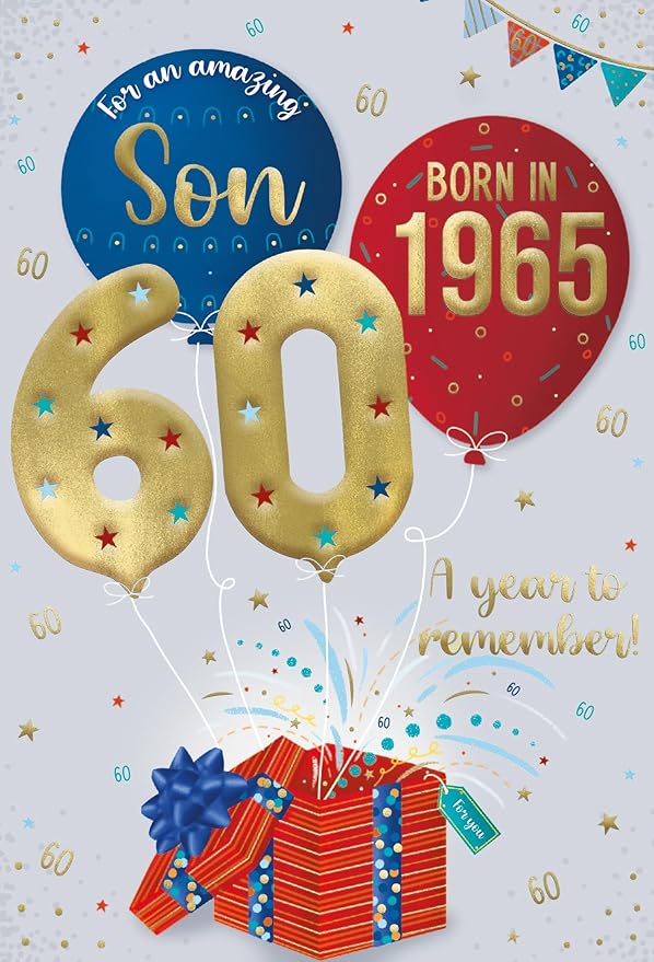 This ICG 2025 Son 60th Birthday Card - Happy Birthday Year You Were Born Card with Born in 1965 Balloons Design and Special Finishes - Birthday Cards for Men is a Birthday Card priced at £ 3.39 from Made To Be Treasured range. Produced by ICG for excellent quality