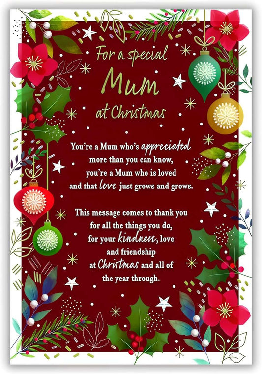 Mum Christmas Card – Festive Red Floral & Bauble Design ICG Made To Be Treasured
