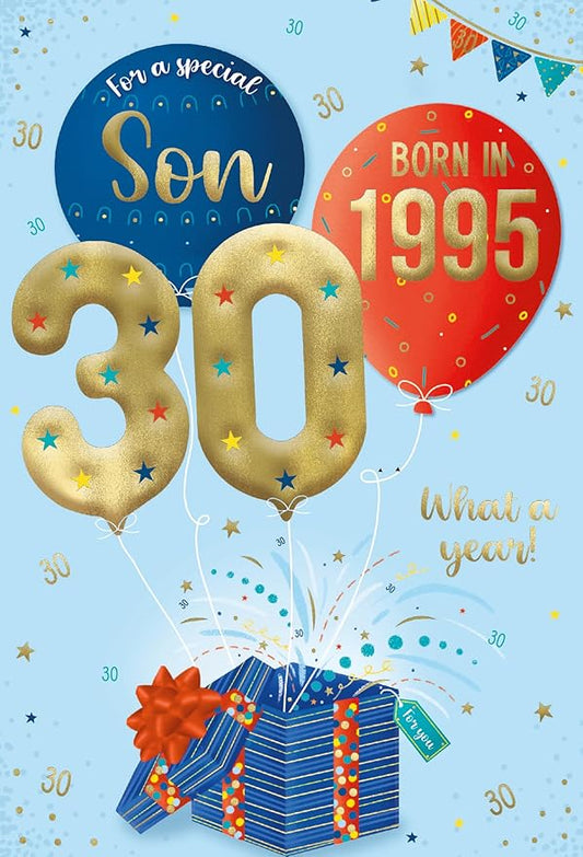 This ICG 2025 Son 30th Birthday Card - Happy Birthday Year You Were Born Card with Born in 1995 Balloons and Stars Design and Special Finishes - Birthday Cards for Men is a Birthday Card priced at £ 3.39 from Made To Be Treasured range. Produced by ICG for excellent quality
