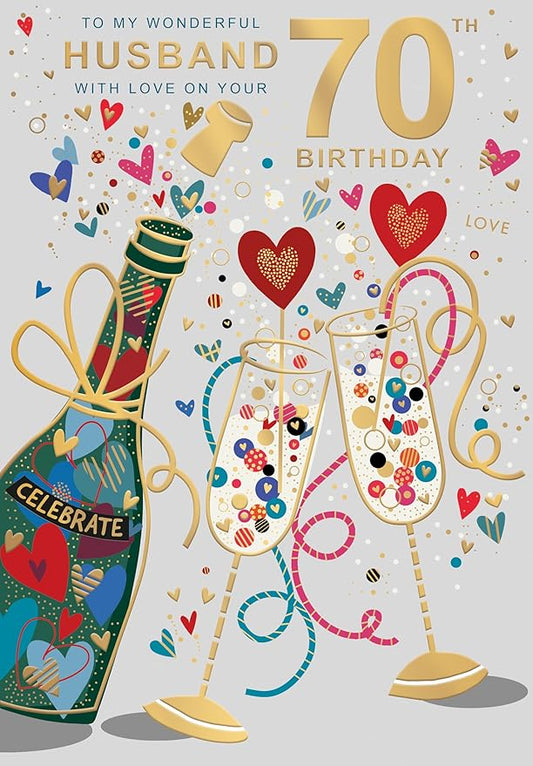 This 70th Birthday Card for Husband - Champagne Celebration Design with Love Message is a Birthday Card priced at £ 3.20 from Made To Be Treasured range. Produced by Words & Wishes for excellent quality