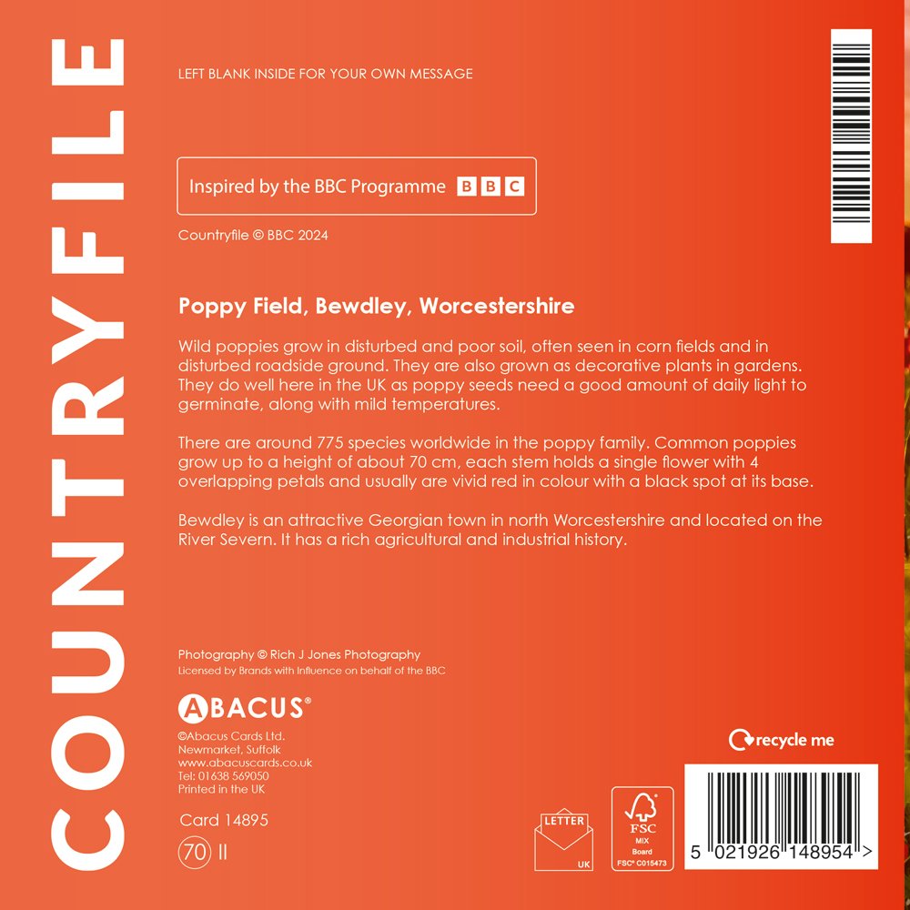 Back of greeting card showing product information about Poppy Field, Bewdley, Worcestershire with BBC programme inspiration and photography credits by Rich J Jones Photography
