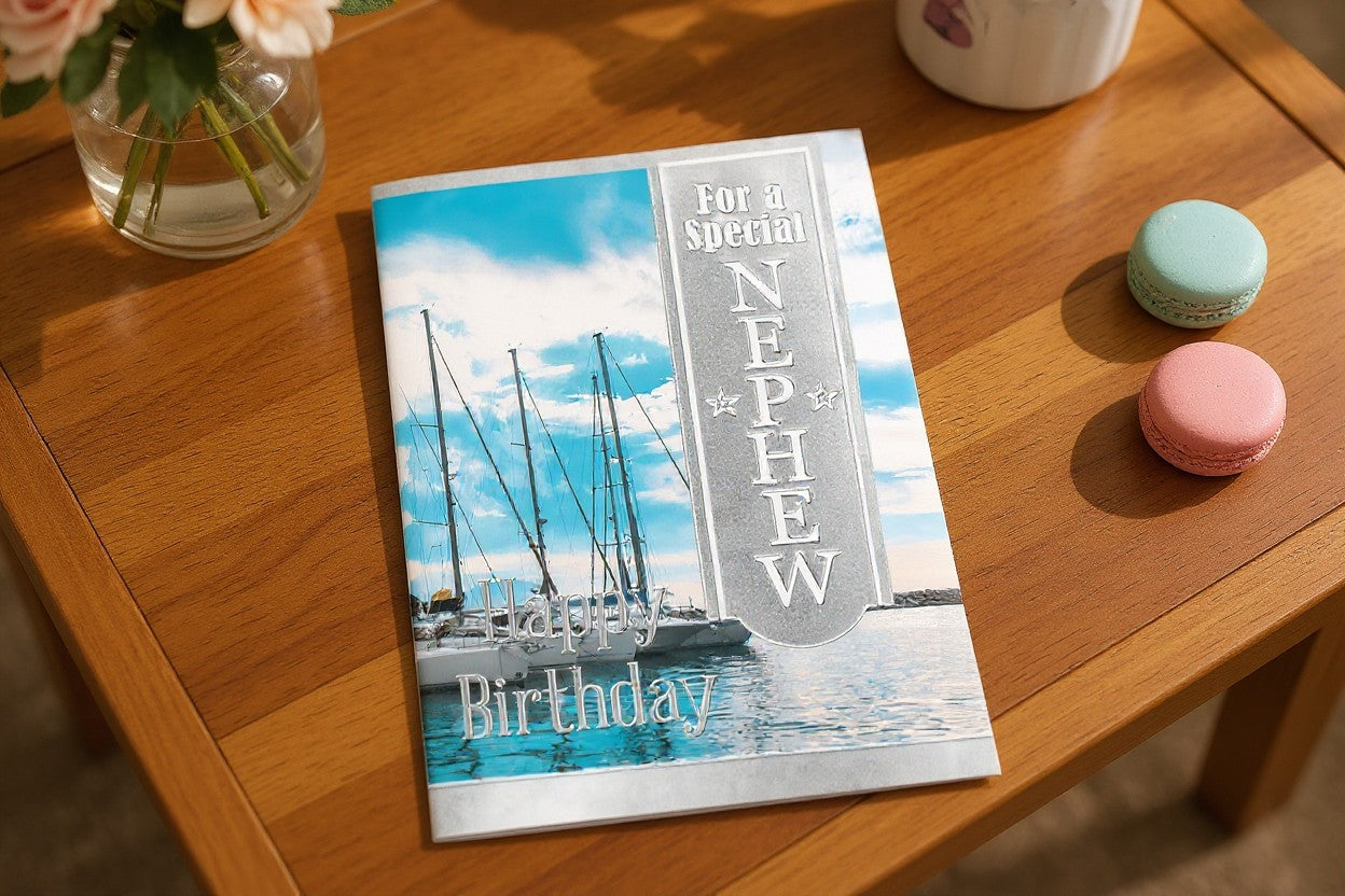 Special Nephew Birthday Card – Marina Boats Design with Silver Foil
