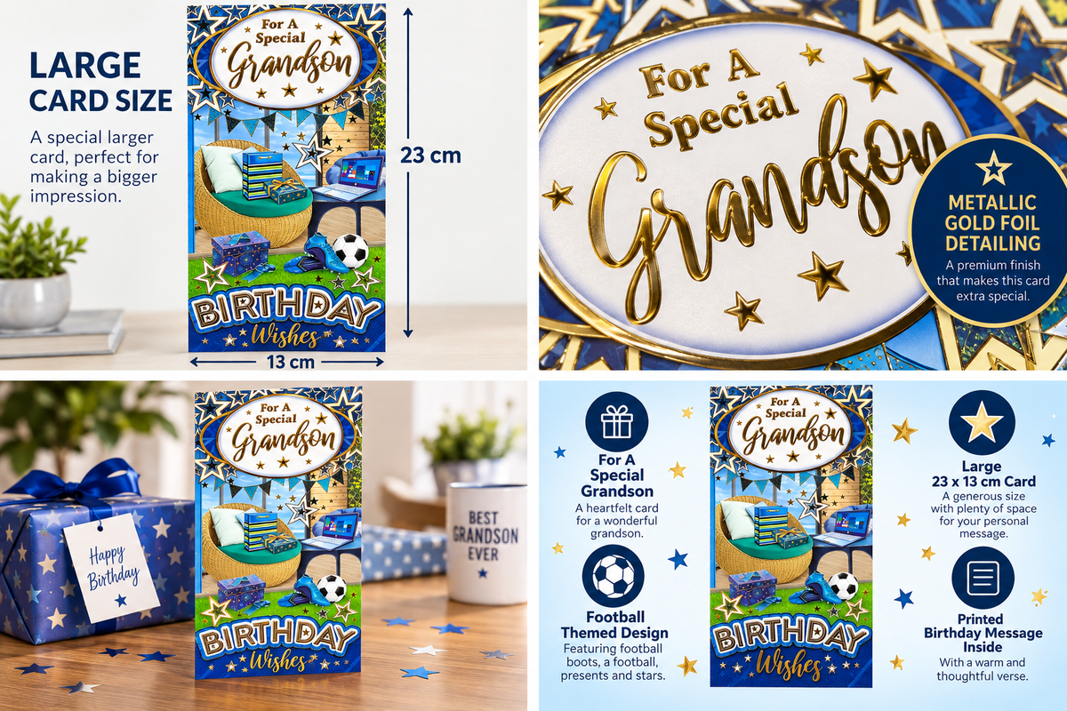 Grandson Birthday Card – Large Football Card with Gold Foil