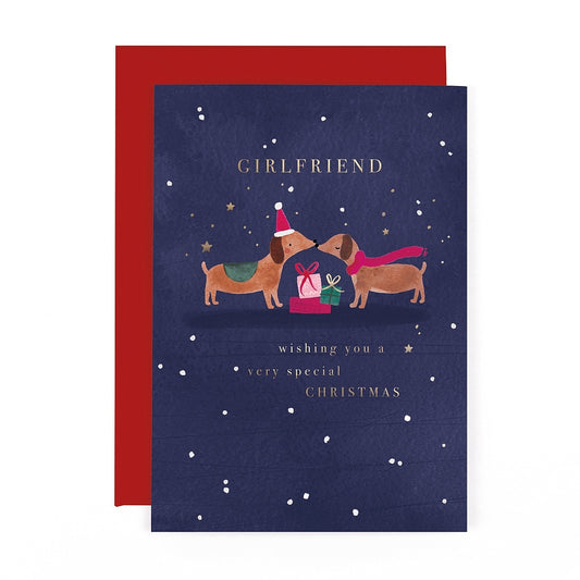 This Christmas Card for Girlfriend, Dachshund Sausage Dogs with Presents on Blue Background, Gold Foiling, Snow Scene is a Greeting Card priced at £ 2.99 from Made To Be Treasured range. Produced by Carte Blanche for excellent quality