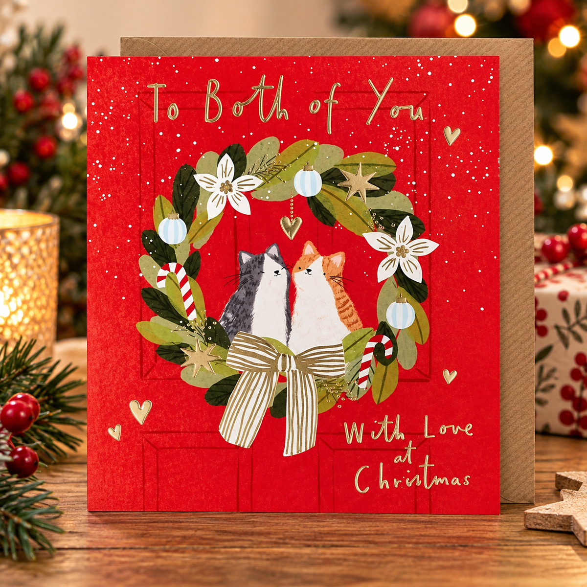 To Both of You Christmas card featuring two cats displayed with kraft envelope and festive decorations