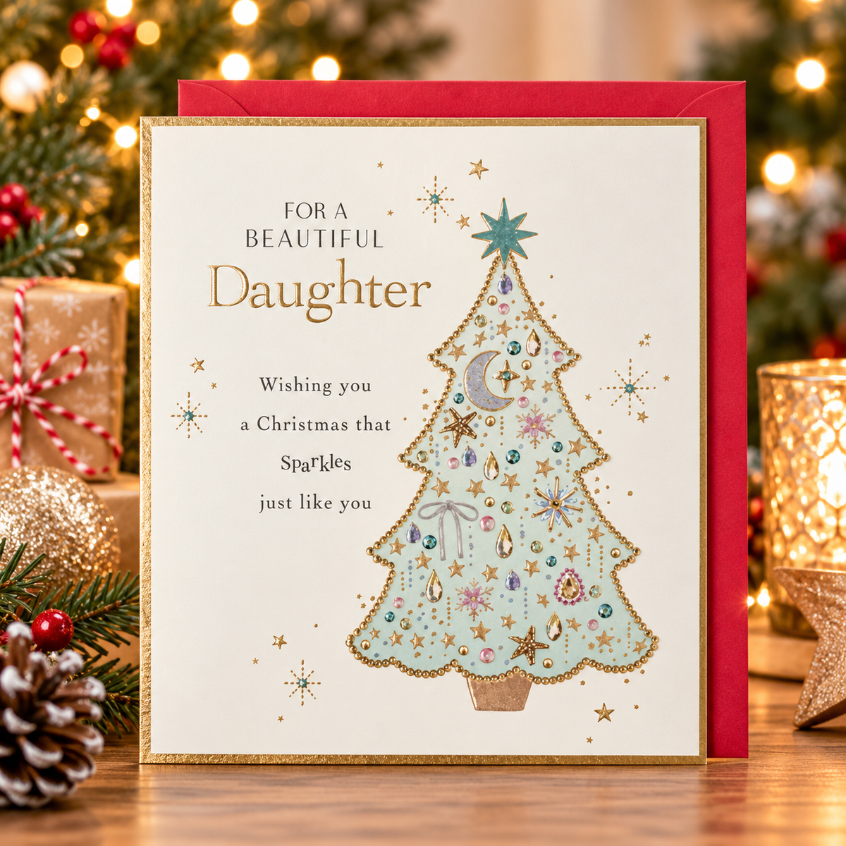 Beautiful Daughter Christmas card festive lifestyle photograph with decorated Christmas tree card and red envelope