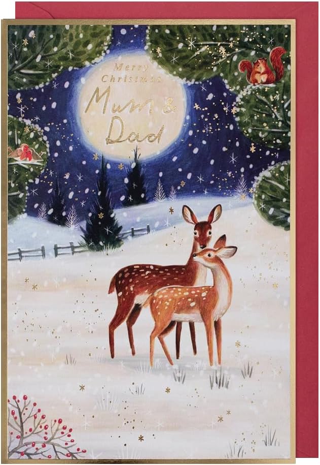 Mum and Dad Paperlink Christmas card with two deer in snowy woodland and gold foil greeting, red envelope