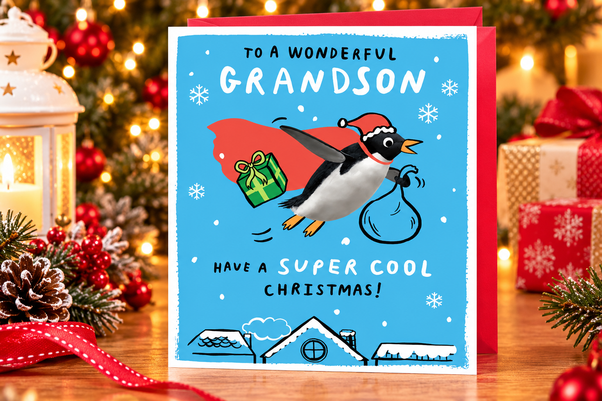 Paperlink Grandson Christmas card displayed on a festive table with decorations and red envelope