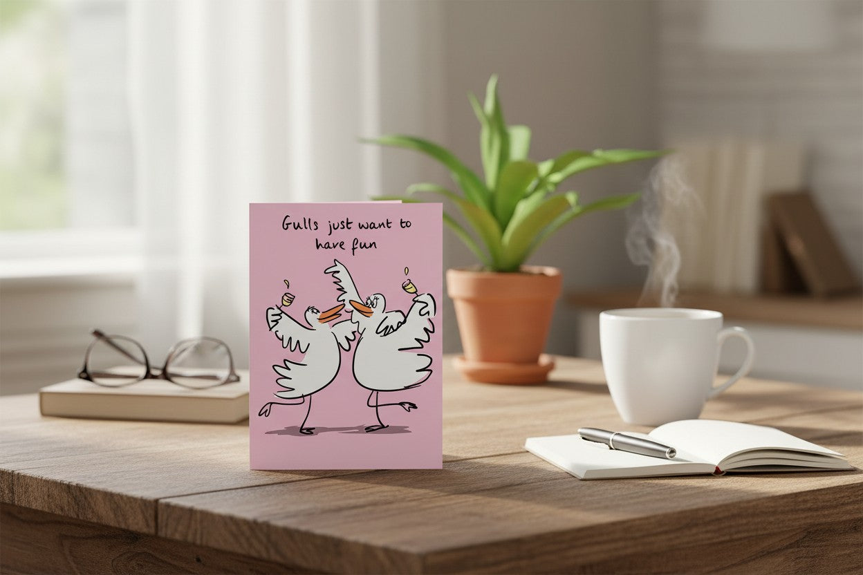 Lucilla Lavender Birdiculous "Gulls Just Want To Have Fun" Funny Blank Greeting Card
