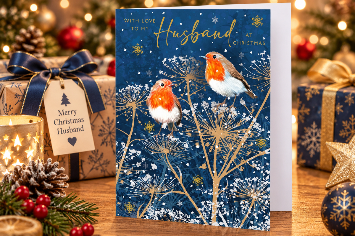Nigel Quiney Husband Christmas robin greeting card in festive gift setting