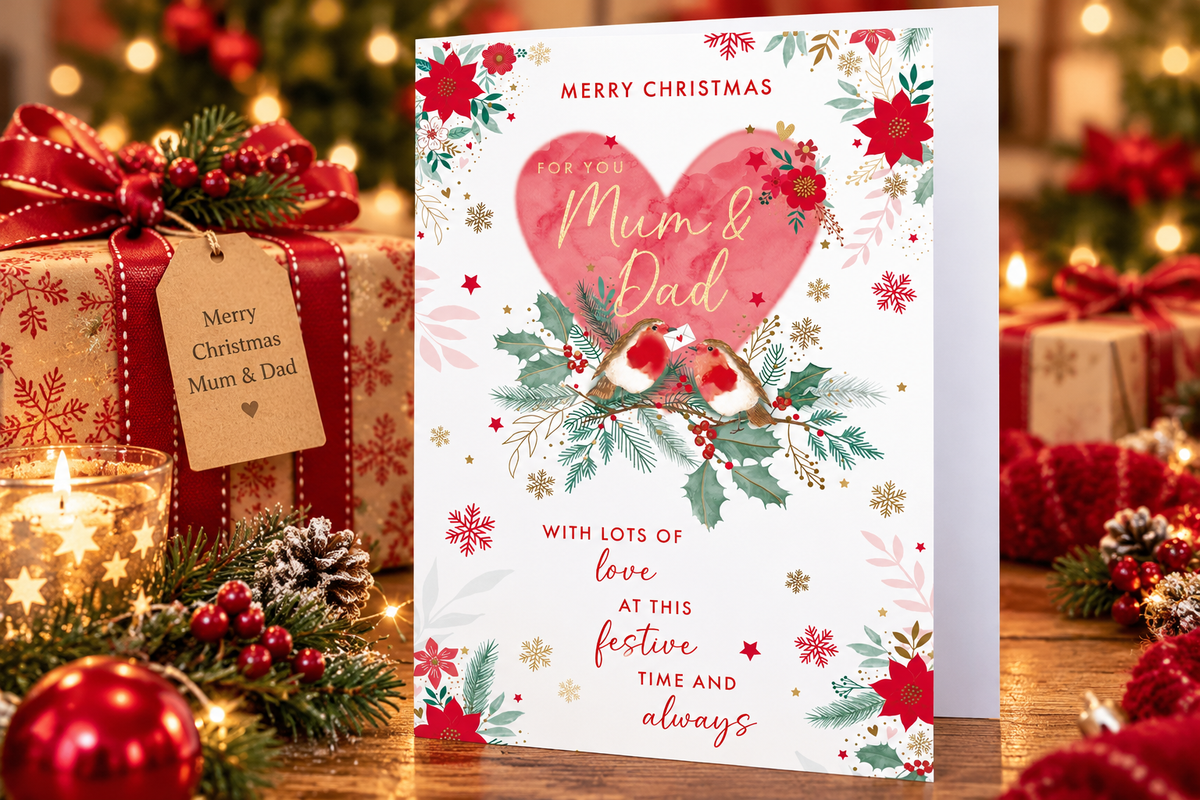 Mum and Dad Christmas card standing beside festive gift, candle and Christmas decorations
