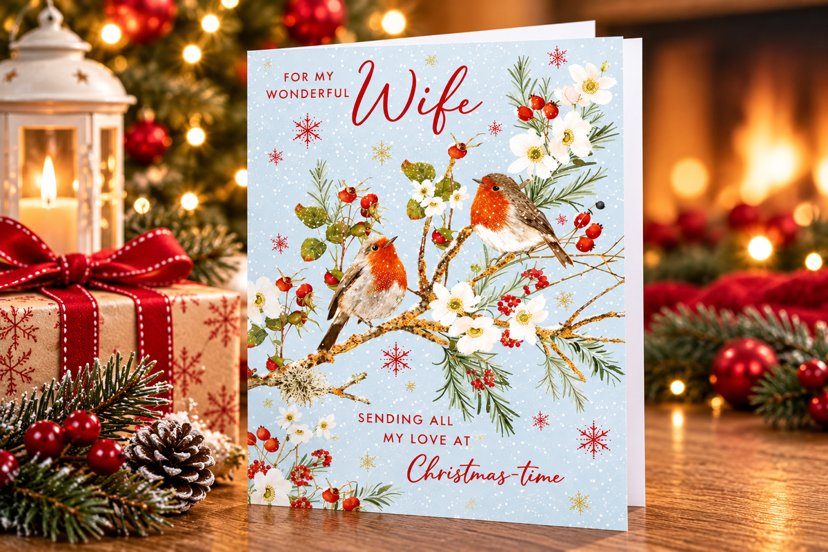 Nigel Quiney Wife robin Christmas card displayed beside wrapped presents and Christmas lights