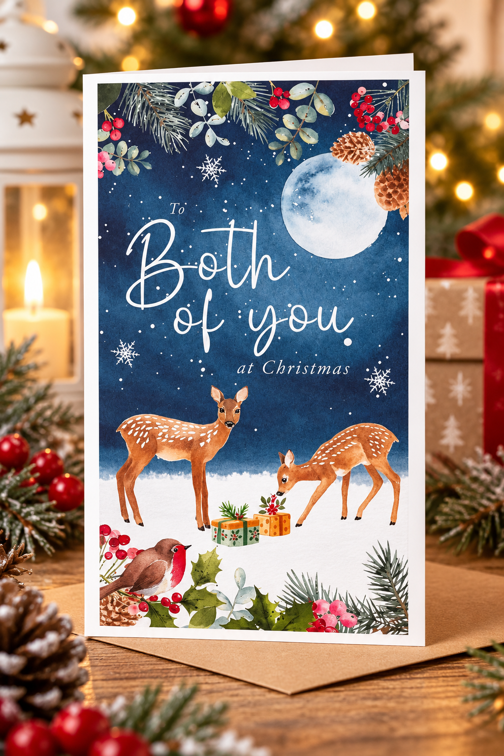 Both of You Christmas card displayed among festive decorations and warm Christmas lights