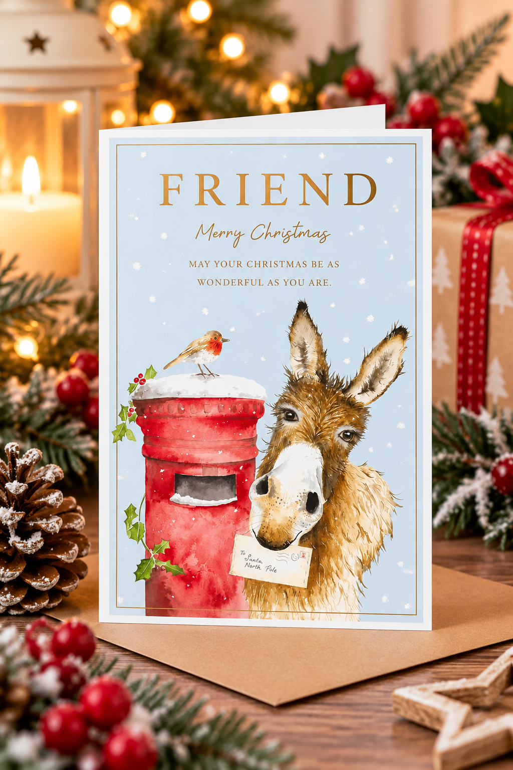 Friend donkey and robin Christmas card displayed with festive decorations