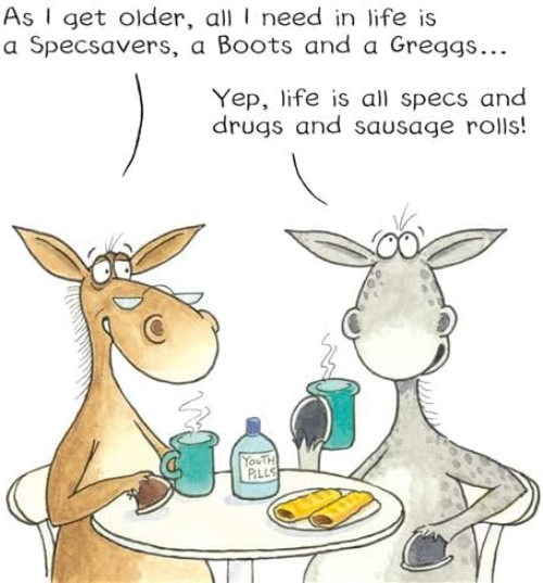 Funny Farm Life Is All Specs Drugs and Sausage Rolls Birthday Card Humour