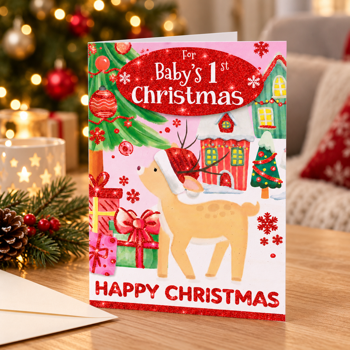 Lifestyle photo of Baby's First Christmas reindeer greeting card displayed on a wooden table in a cosy Christmas setting