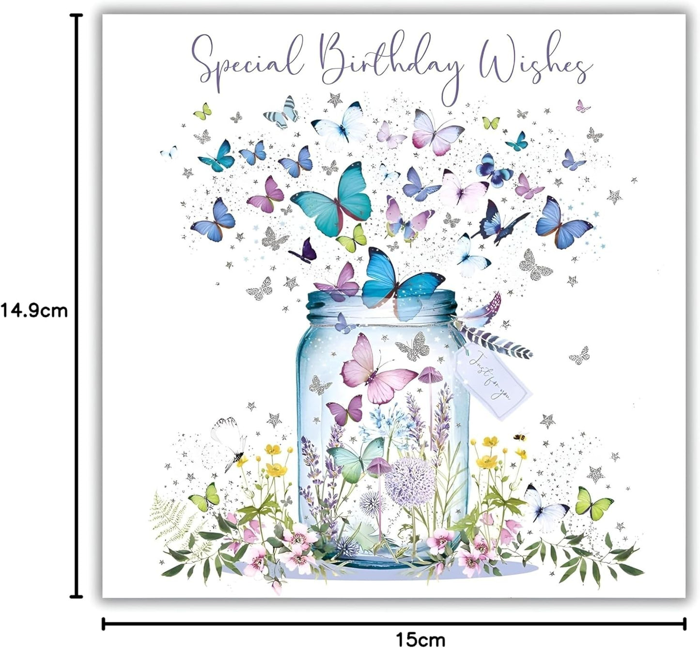 Made To Be Treasured 'Happy Birthday' card with butterfly jar illustration and silver foil finish. Features butterflies in blue, pink, and purple emerging from a jar.