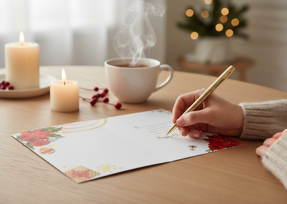Made To Be Treasured Christmas card for mum with poinsettias, roses, baubles, gold beads and snowflakes.