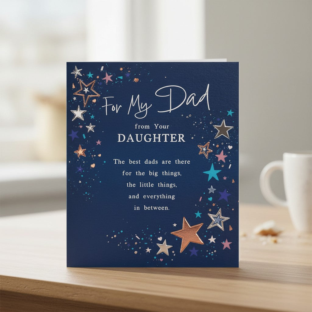 Made To Be Treasured sentimental birthday card for Dad from Daughter with navy blue background and foil stars.