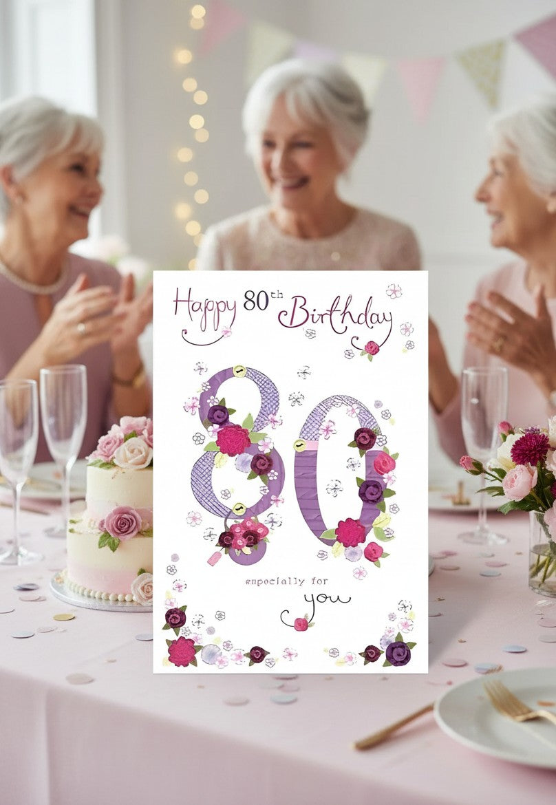 Made To Be Treasured Nigel Quiney 80th birthday card with floral number 80 design in pink, purple, and burgundy.