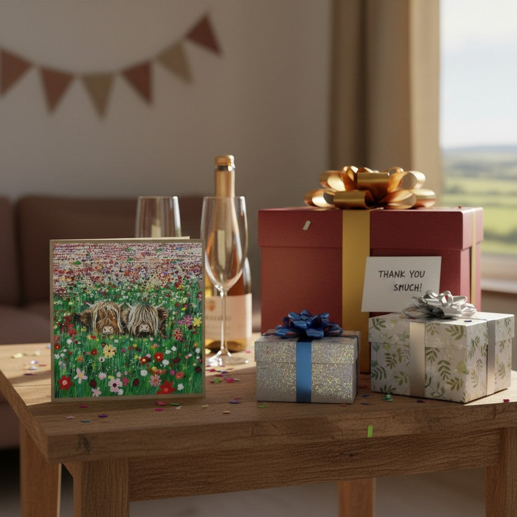 Made To Be Treasured Tracks Publishing Highland cow greeting card featuring a floral meadow on a gift-filled table.