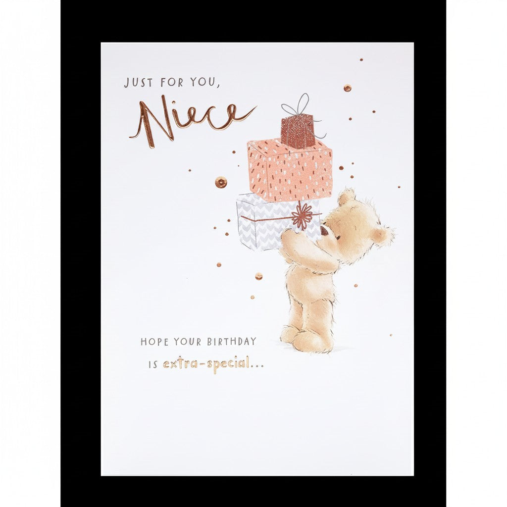 Made To Be Treasured niece birthday card with teddy bear balancing gifts. Rose gold foil text.