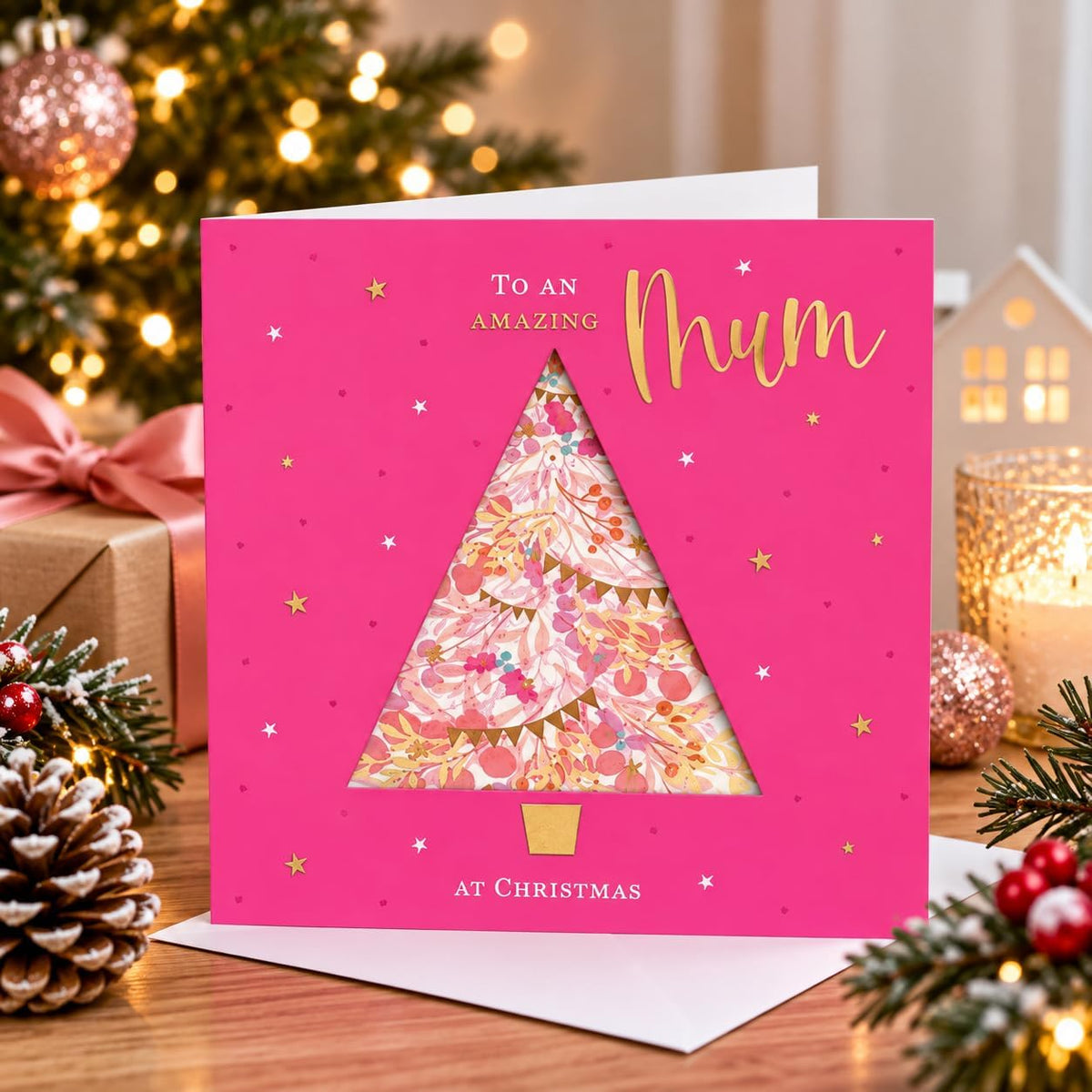 Pink Amazing Mum Christmas card with gold writing and floral tree design