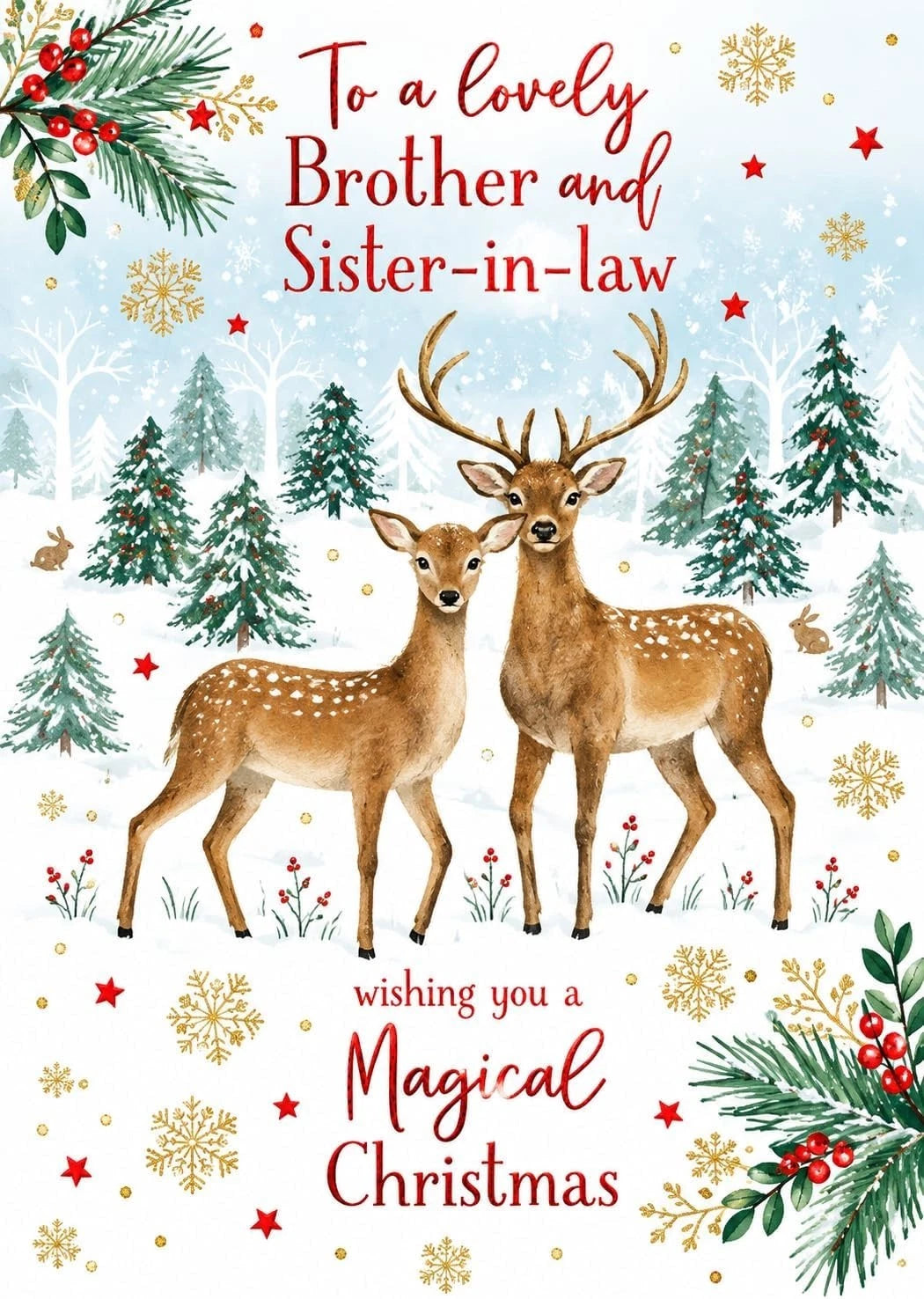Otter House Brother and Sister-in-law Magical Christmas card with deer and snowflakes