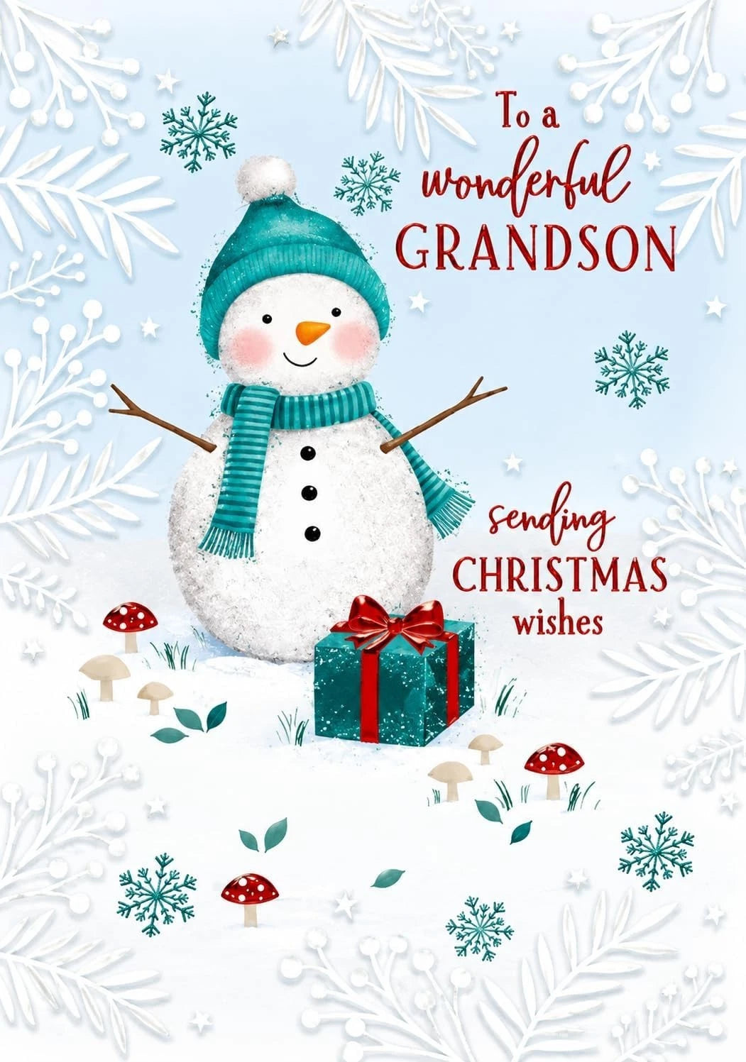 Front of Otter House Wonderful Grandson Christmas card with smiling snowman in teal hat and scarf