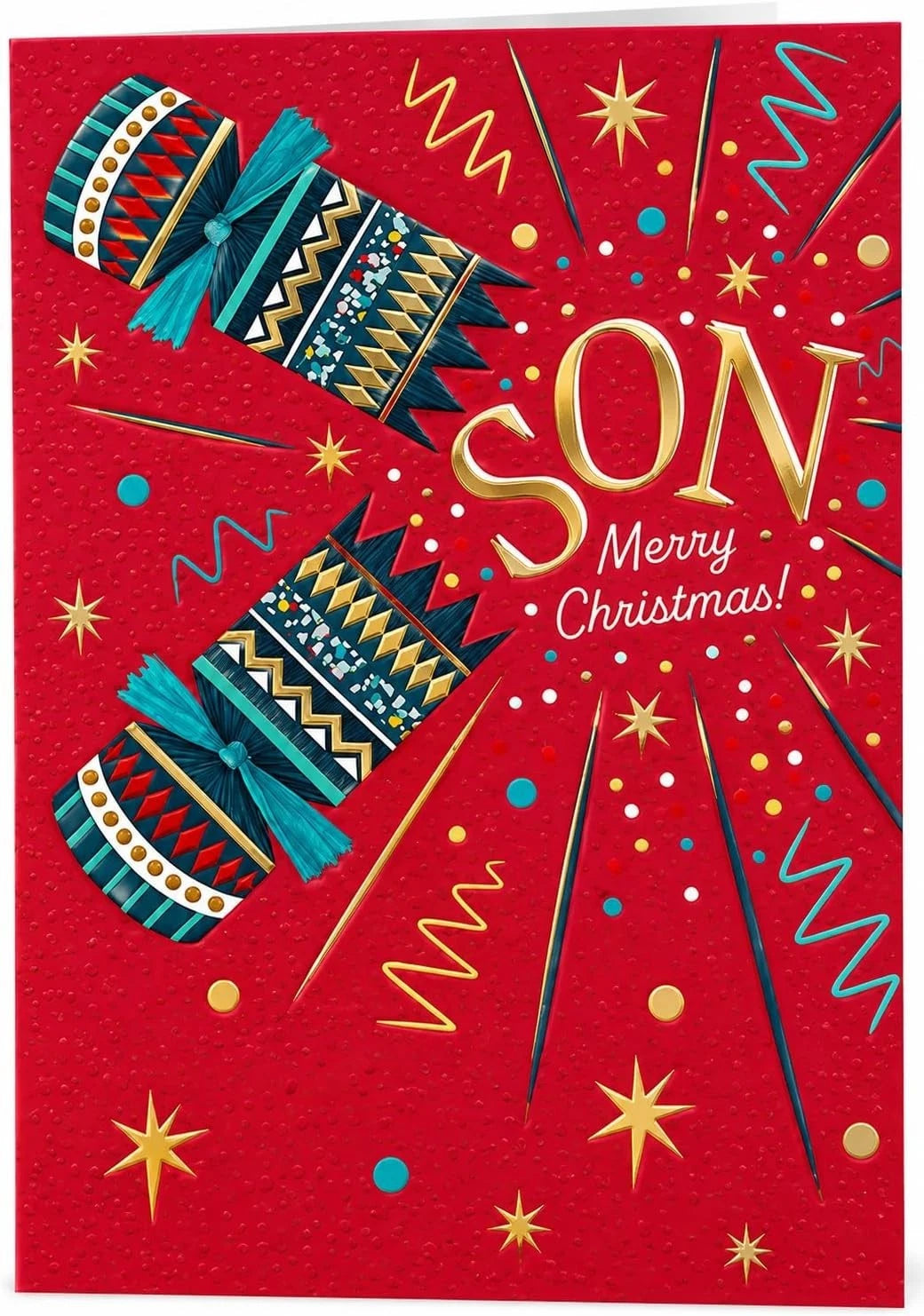 Front of red Otter House Son Merry Christmas card featuring festive crackers and gold text