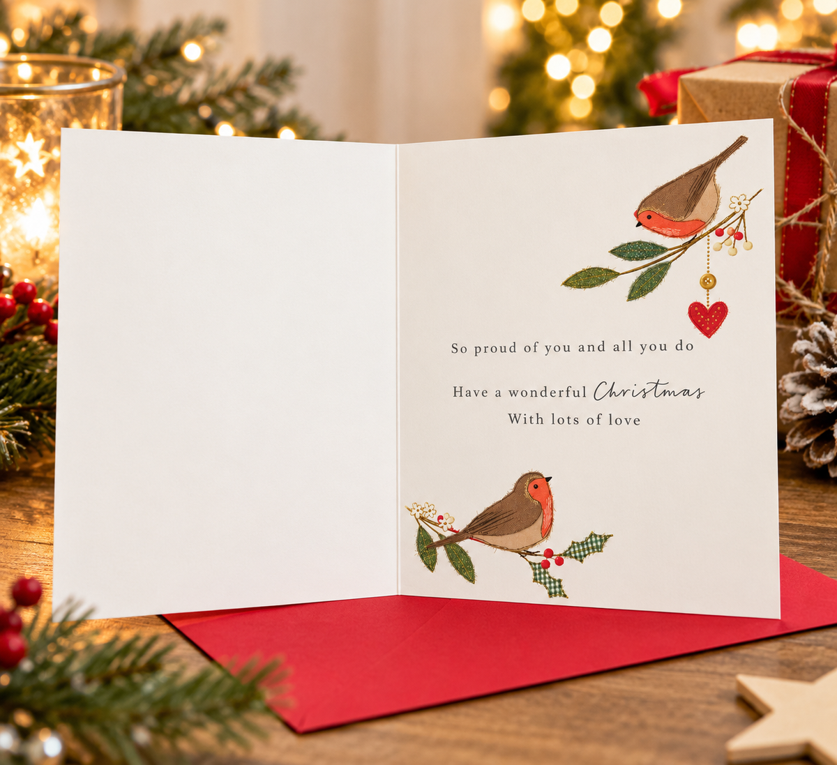 Special Daughter Christmas card festive lifestyle scene with red envelope and Christmas decorations