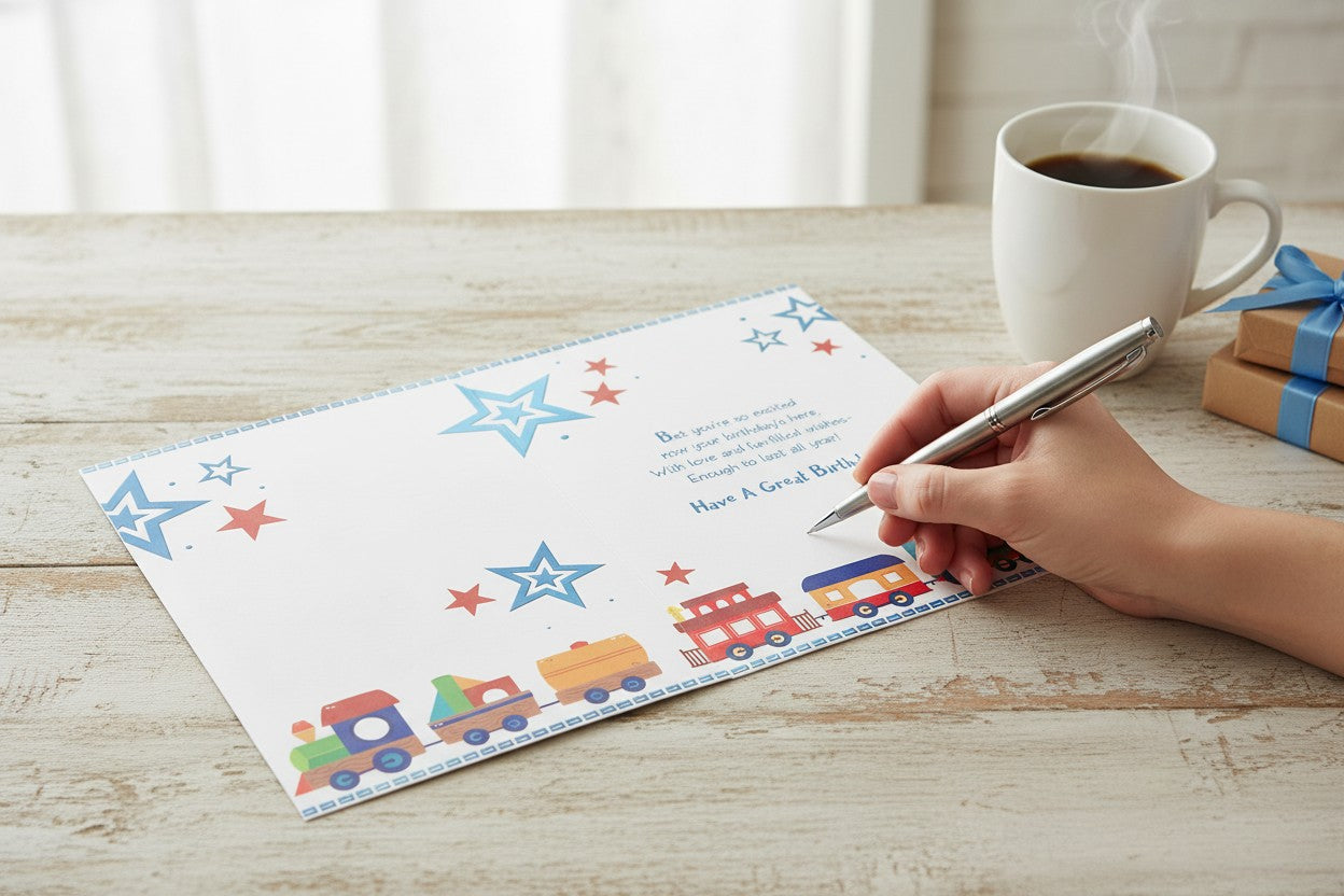 Great-Grandson Birthday Card – Train Design with Blue Foil