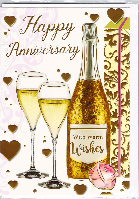 This Anniversary Card with Champagne Bottle and Glasses - With Warm Wishes - Elegant Gold Foil Design is a Greeting Card priced at £ 1.99 from Made To Be Treasured range. Produced by Generic for excellent quality