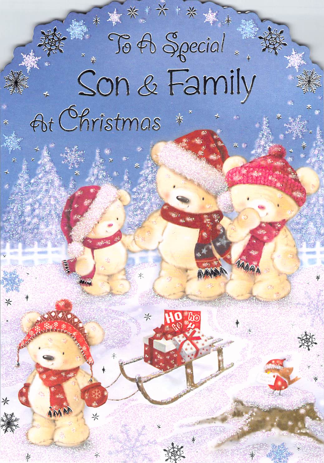 This Christmas Card Son & Family - Teddy Bears in Santa Hats - Winter Snow Scene Christmas Card is a Christmas Card priced at £ 1.99 from Made To Be Treasured range. Produced by Generic for excellent quality
