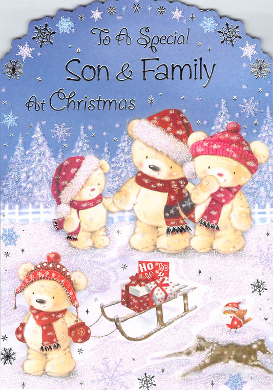 This Christmas Card Son & Family - Teddy Bears in Santa Hats - Winter Snow Scene Christmas Card is a Christmas Card priced at £ 1.99 from Made To Be Treasured range. Produced by Generic for excellent quality
