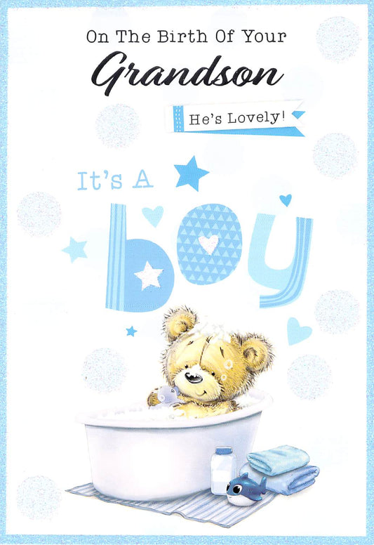 This Birth - Baby Boy - Grandson - Bear / Bath - Greeting Card is a priced at £ 1.60 from Made To Be Treasured range. Produced by Generic for excellent quality