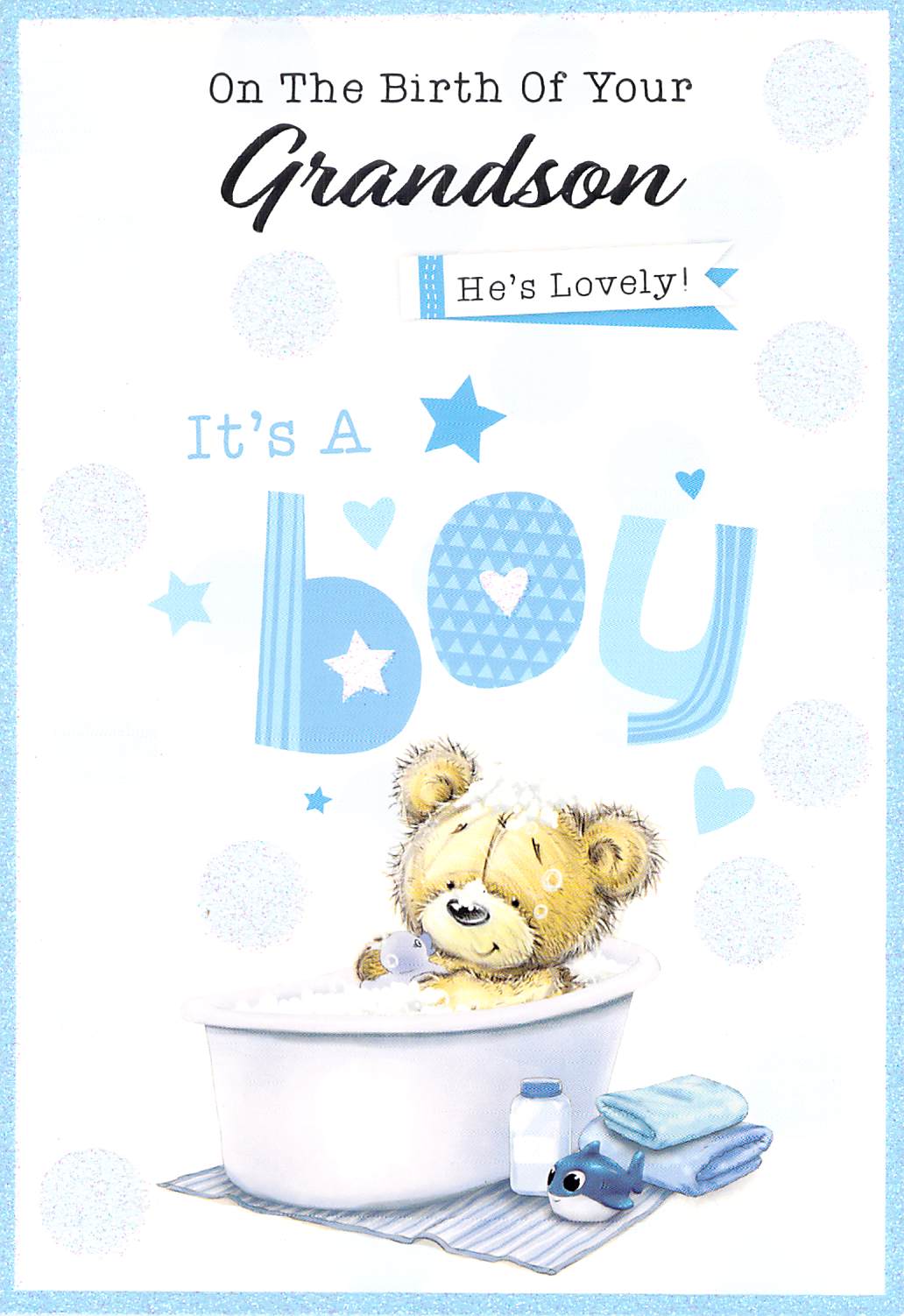 Birth - Baby Boy - Grandson - Bear / Bath - Greeting Card