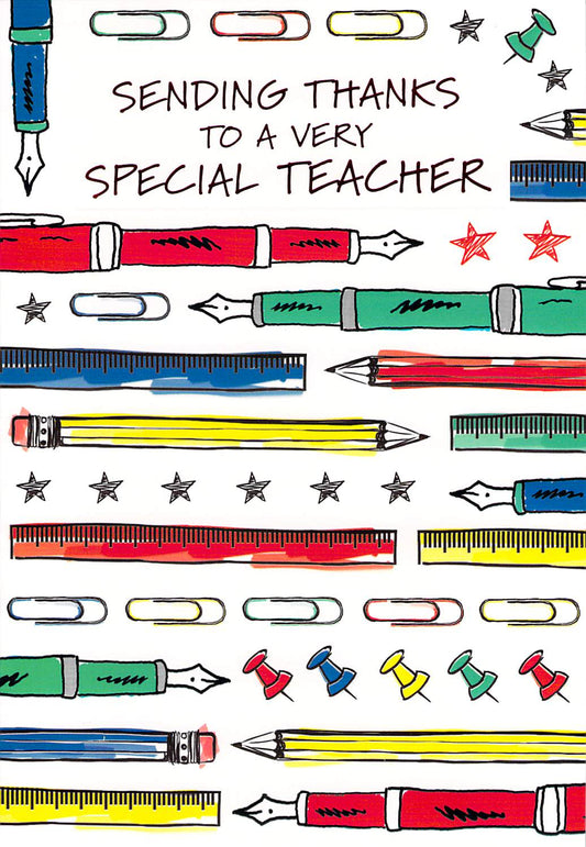 This Thank You Teacher - Pens / Stationary - Greeting Card - Free Postage is a Greeting Card priced at £ 1.99 from Made To Be Treasured range. Produced by Made To Be Treasured for excellent quality