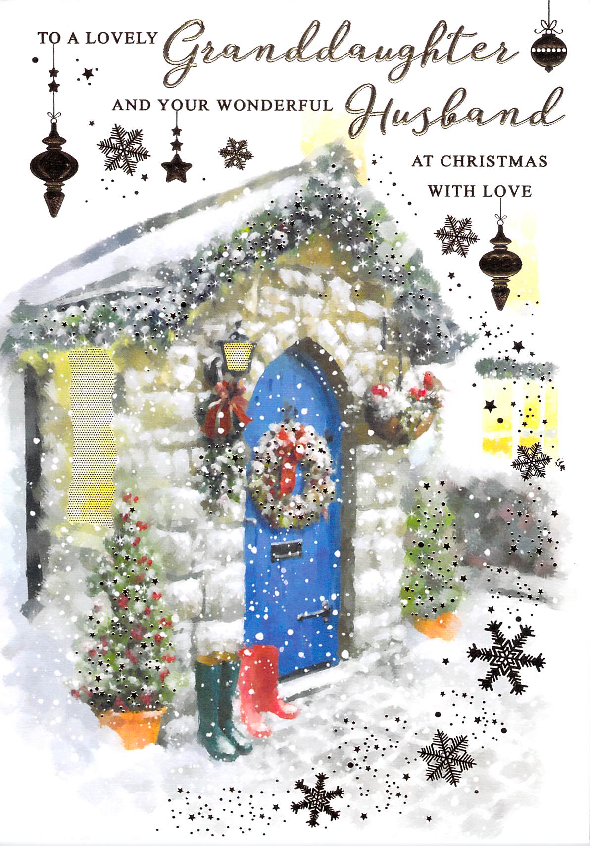 This Christmas - Granddaughter & Husband - Snow Door - Greeting Card is a Christmas Card priced at £ 3.09 from Made To Be Treasured range. Produced by Words & Wishes for excellent quality