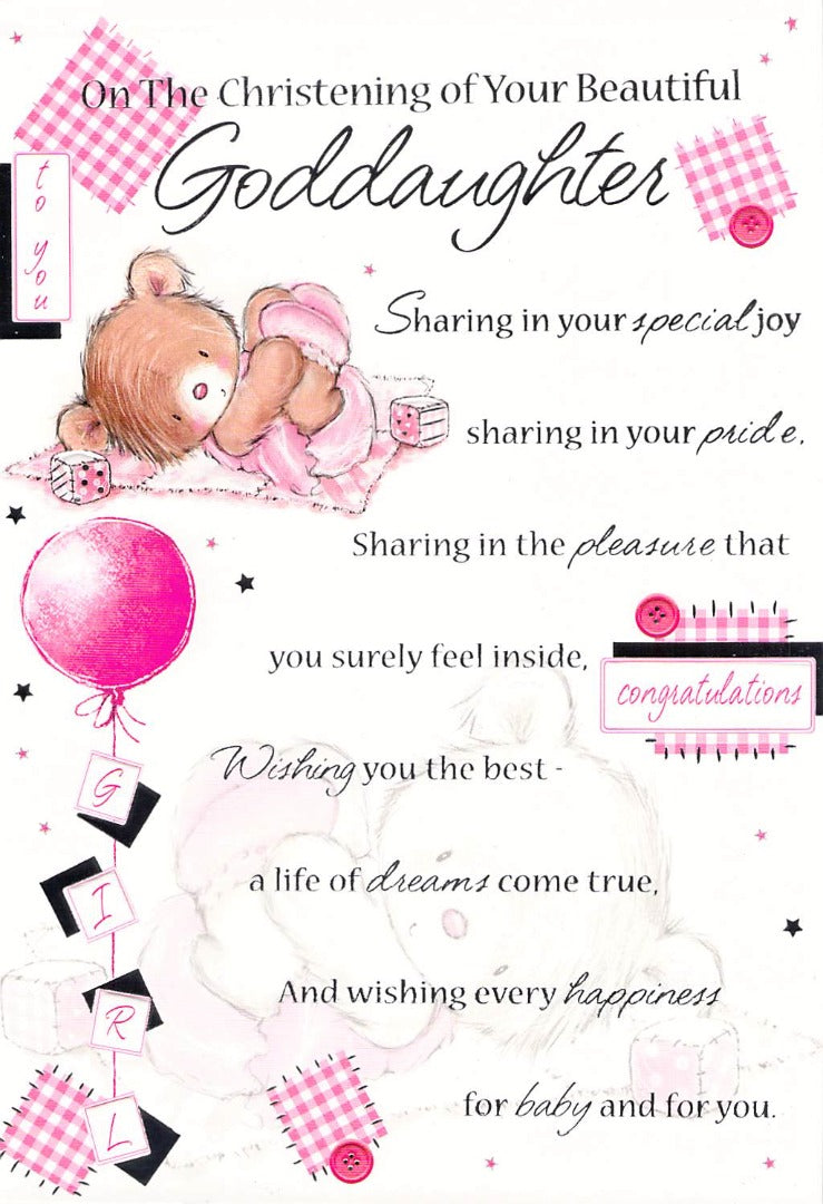 This Christening (Goddaughter) - Greeting Card - Multi Buy - Free P&P is a Greeting Card priced at £ 1.99 from Made To Be Treasured range. Produced by Poppy Hill for excellent quality