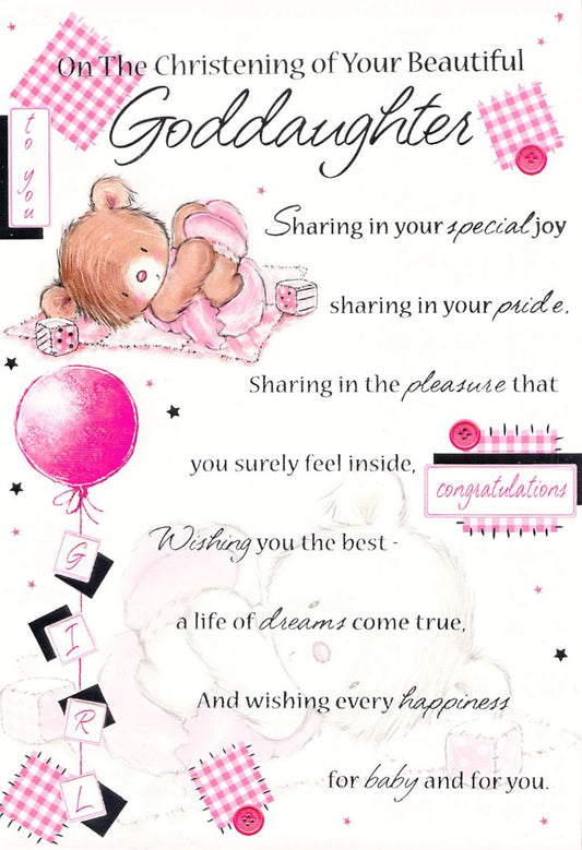 This Christening (Goddaughter) - Greeting Card - Multi Buy - Free P&P is a Greeting Card priced at £ 1.99 from Made To Be Treasured range. Produced by Poppy Hill for excellent quality