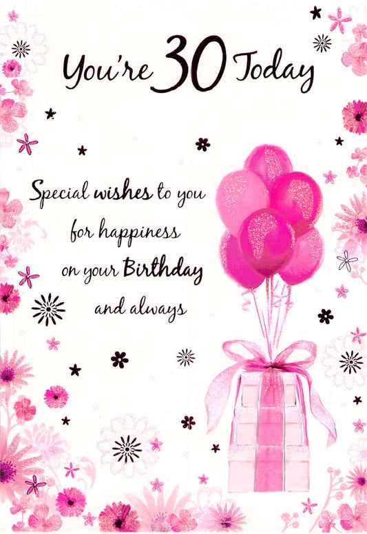 This 30th Birthday - Age 30 - Pink Balloons - Greeting Card - Free Postage is a Greeting Card priced at £ 1.60 from Made To Be Treasured range. Produced by Generic for excellent quality