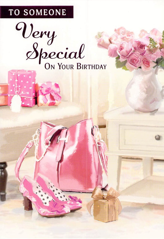 This Birthday - Someone Special - Pink Bag/Shoes - Greeting Card - Free Postage is a Greeting Card priced at £ 1.99 from Made To Be Treasured range. Produced by Generic for excellent quality