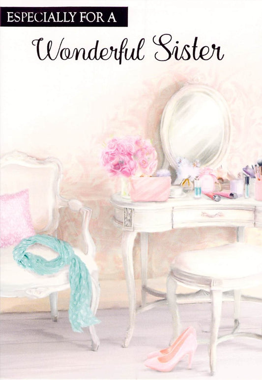 This Birthday - Sister - Dressing Table/Pink Shoes - Greeting Card - Free Postage is a Greeting Card priced at £ 1.99 from Made To Be Treasured range. Produced by Generic for excellent quality