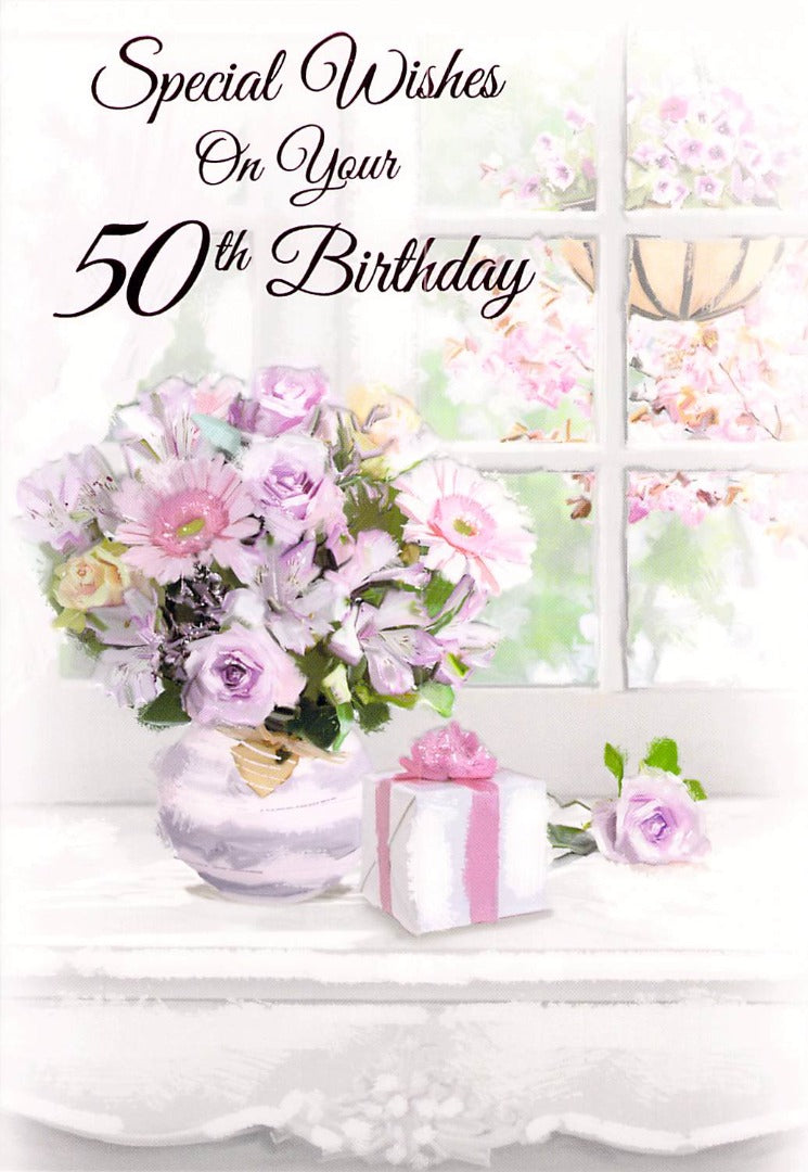 This 50th Birthday - Age 50 - Flowers/Windowsill - Greeting Card - Free Postage is a Greeting Card priced at £ 1.99 from Made To Be Treasured range. Produced by Generic for excellent quality