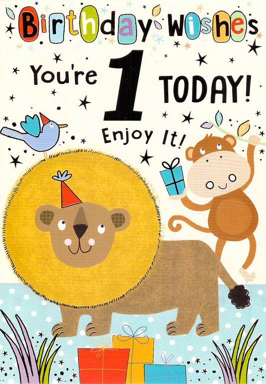 This Age 1 - First Birthday - Lions / Monkey - Greeting Card is a Greeting Card priced at £ 1.99 from Made To Be Treasured range. Produced by Generic for excellent quality