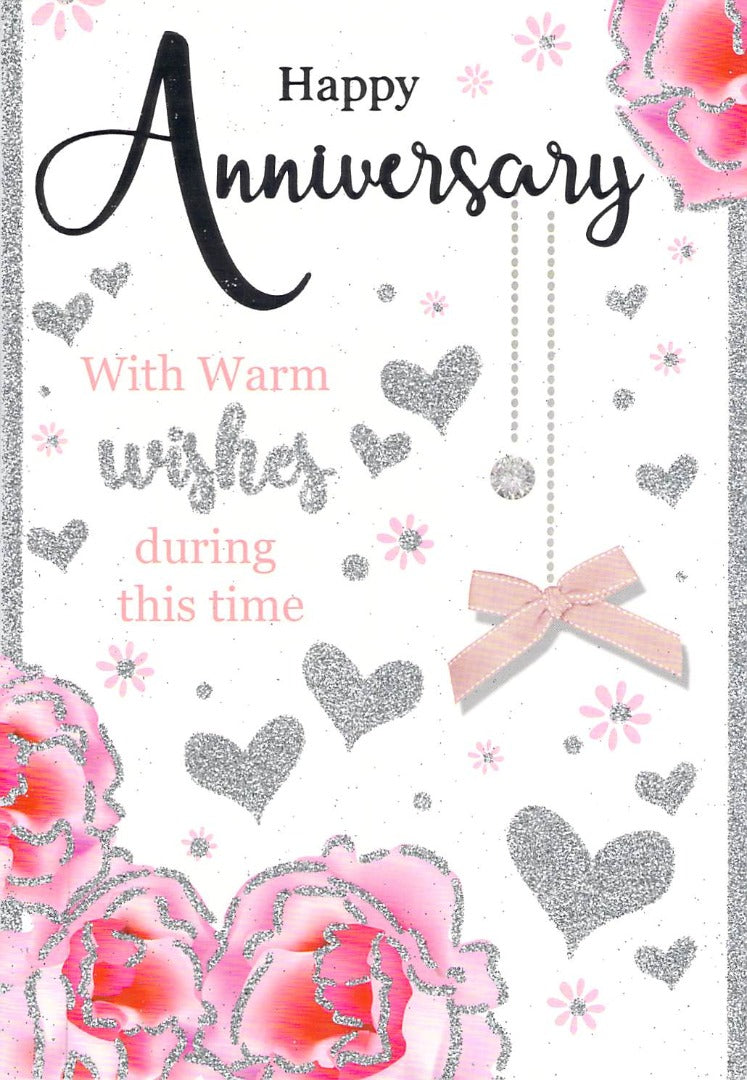 Happy Anniversary - Pink / Silver Glitter - Silver Foil - Greeting Card